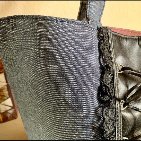 NWT Victoria’s Secret Denim & Satin Lace Up Tote - Picture 2 of 8